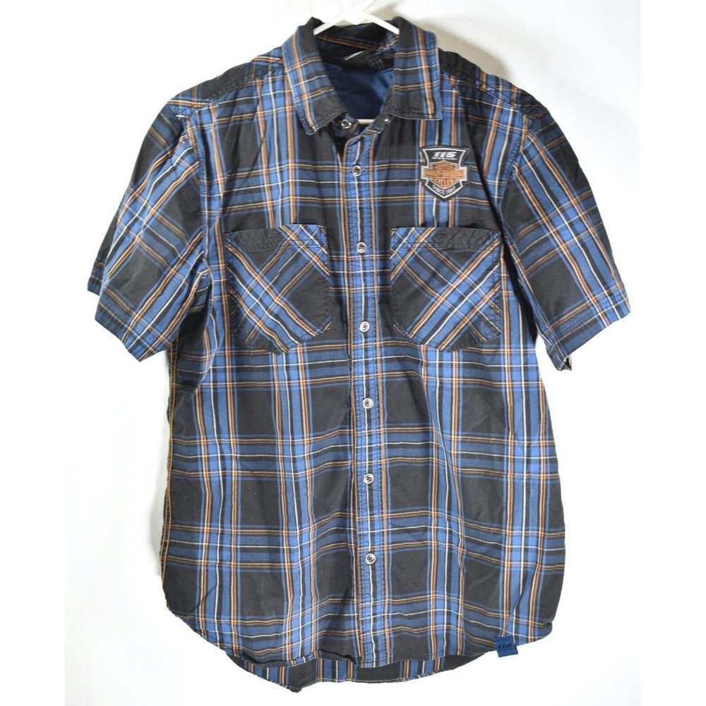 115th Anniversary Harley Davidson Plaid S/S Button Up Shirt Blue Black Sz Med